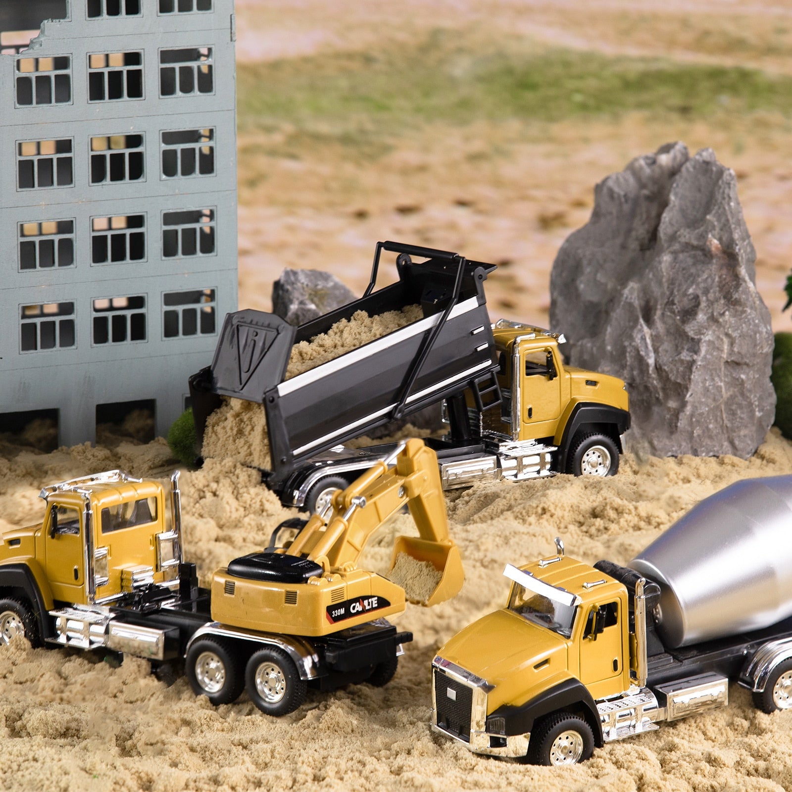 3 Pack of Diecast Engineering Construction Vehicles Dump Digger Mixer Truck 1/50 Scale Metal Model Cars Pull Back Car kids Toys  BX1310 CF18-C3S Official JT Merch