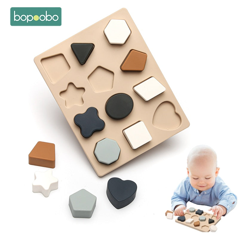 Bopoobo 1Set Nordic Style Silicone Montessori Toys Silicone Geomet  Jigsaw Puzzle BPA Free Preschool Educational Games Kids Gift  BX1310 Pink Official JT Merch