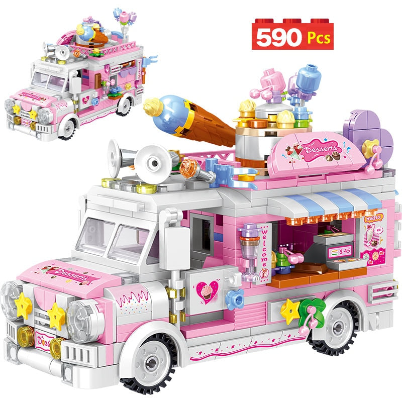 City Street View Ice Cream Car Food Shop Mini Building Blocks Camping Vehicle Friends Bricks DIY Toys for Children Girls  BX1310 without box Official JT Merch