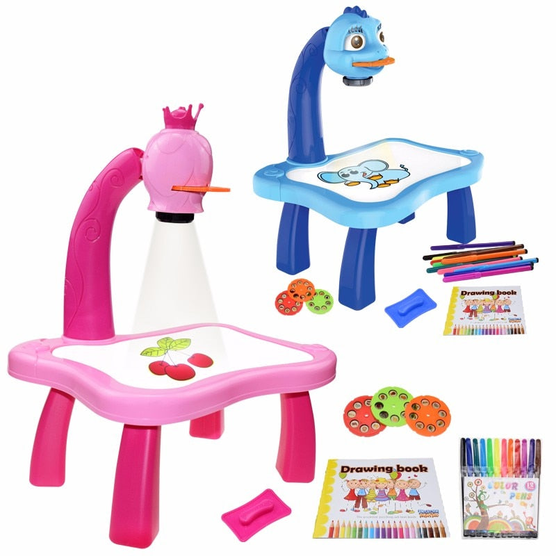Children Led Projector Art Drawing Table Toys Kids Painting Board Desk Arts Crafts Educational Learning Paint Tools Toy for Girl  BX1310 Blue Official JT Merch