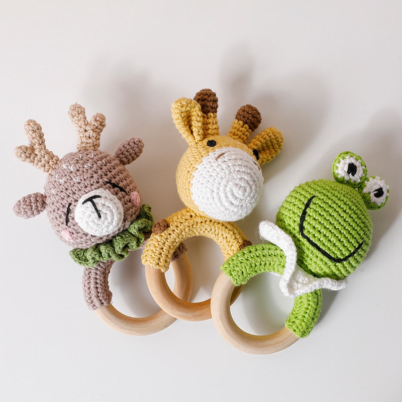 1pc Baby Wooden Rattle Toy Crochet Animal Giraffe Baby Teether Gym Music Rattle Ring Toys Newborn Pram Stroller Toy Baby Product  BX1310 Cow-Rattle Official JT Merch