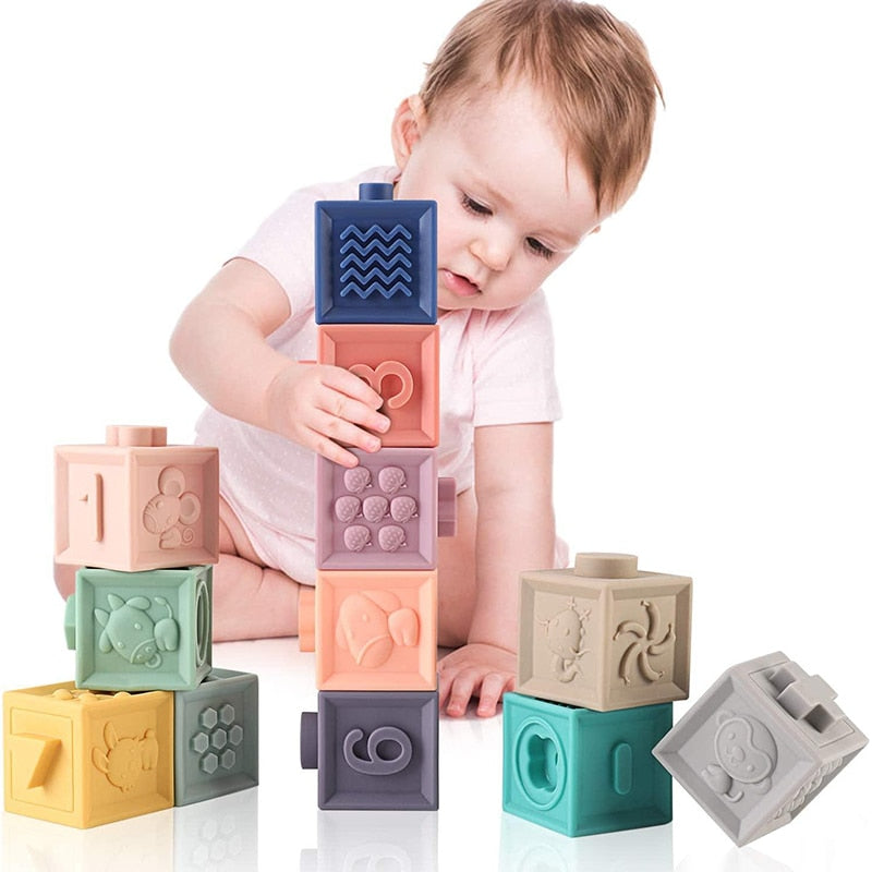 Silicone Build Block Baby Teether Toys For Babies From 0 12 Months Kids Stacking Toy Soft Building Block Cube For Boy 1 Year Old  BX1310 12PCS-No Box Official JT Merch