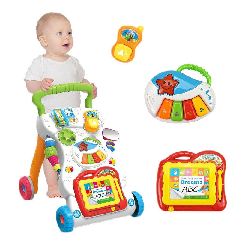Four Wheels Cartoon Portable Plastic Baby Walker Multifunction Infant Stand-to-Sit Walkers for Kids Educational Walkers 10-12m  BX1310 Type 1-blue Official JT Merch