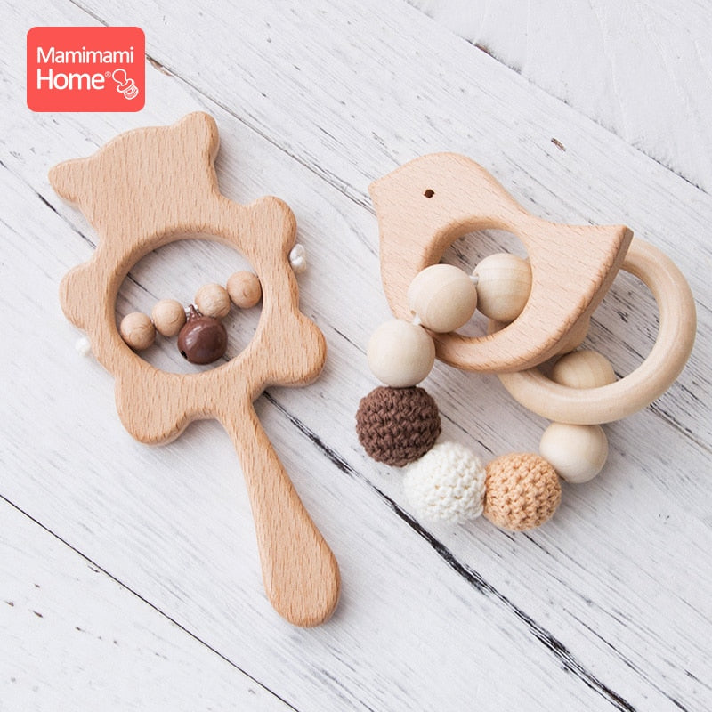 1Set Baby Toys Music Rattle Wood Crochet Bead Bracelet Wooden Rodent Chew Play Gym Montessori Baby Teether Products Newborn Gift  BX1310 Brown set Official JT Merch