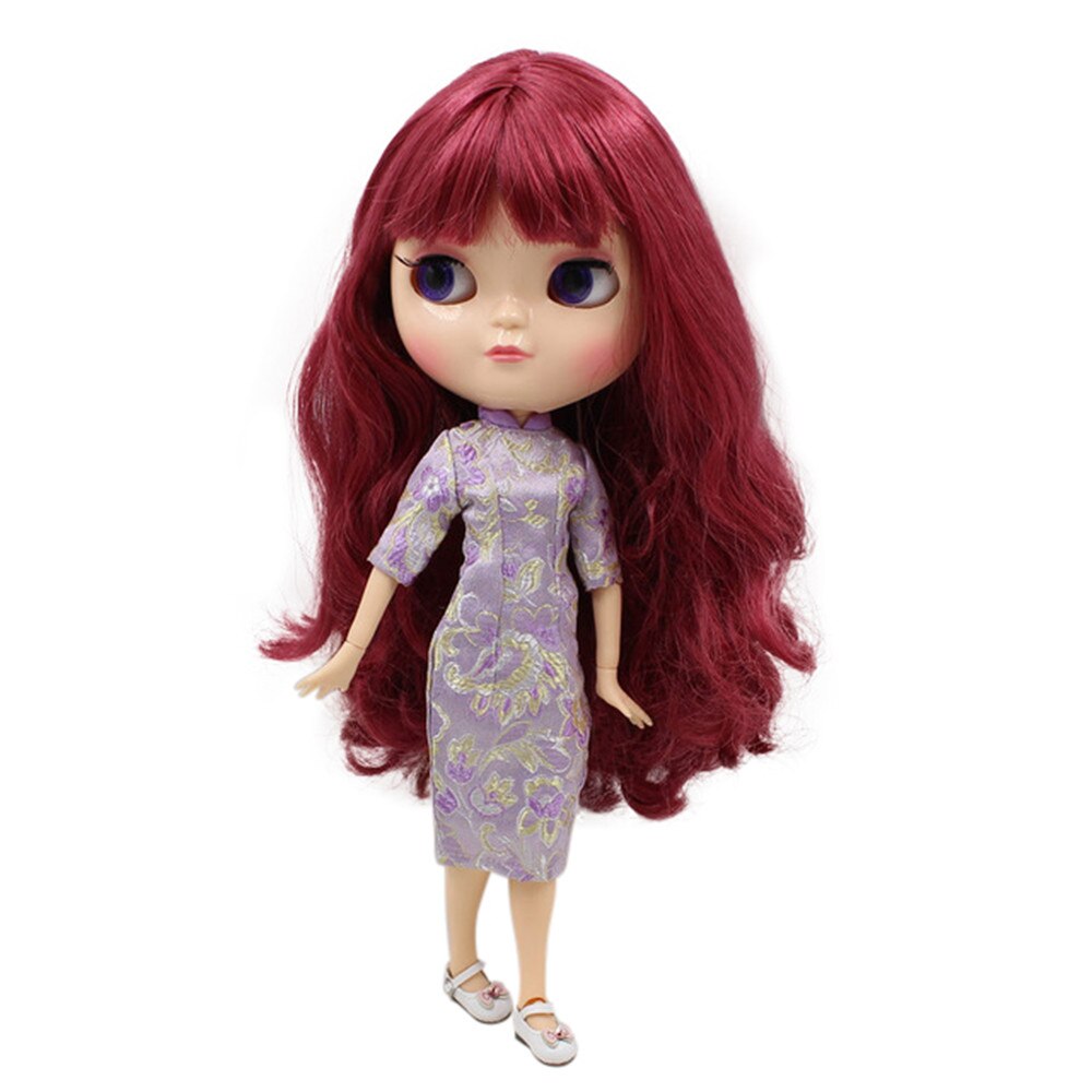 DBS blyth doll icy licca body joint body New wine red long curly hair 1/6 30cm gift toy  BX1310 Like the picture Official JT Merch