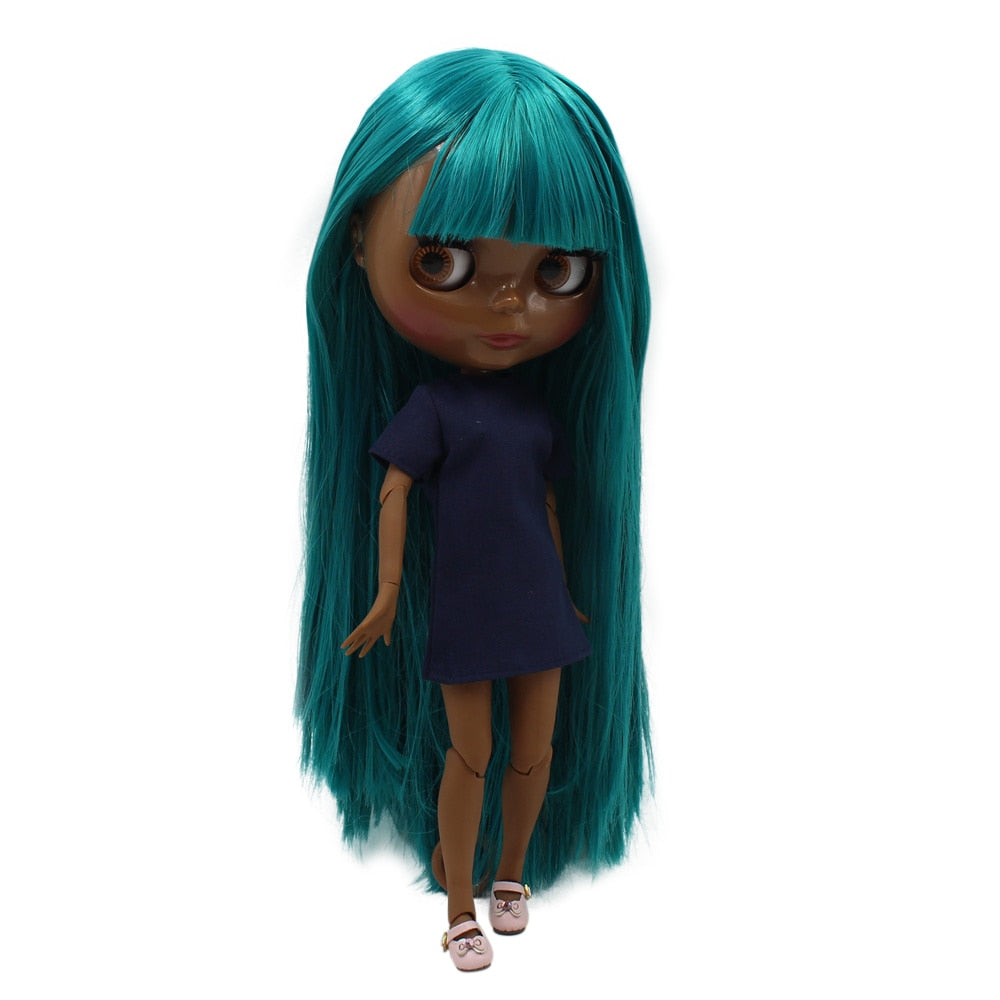 ICY DBS Blyth doll super black skin tone darkest skin black New green wild straight hair nude joint body BL1465  BX1310 Like a picture Official JT Merch