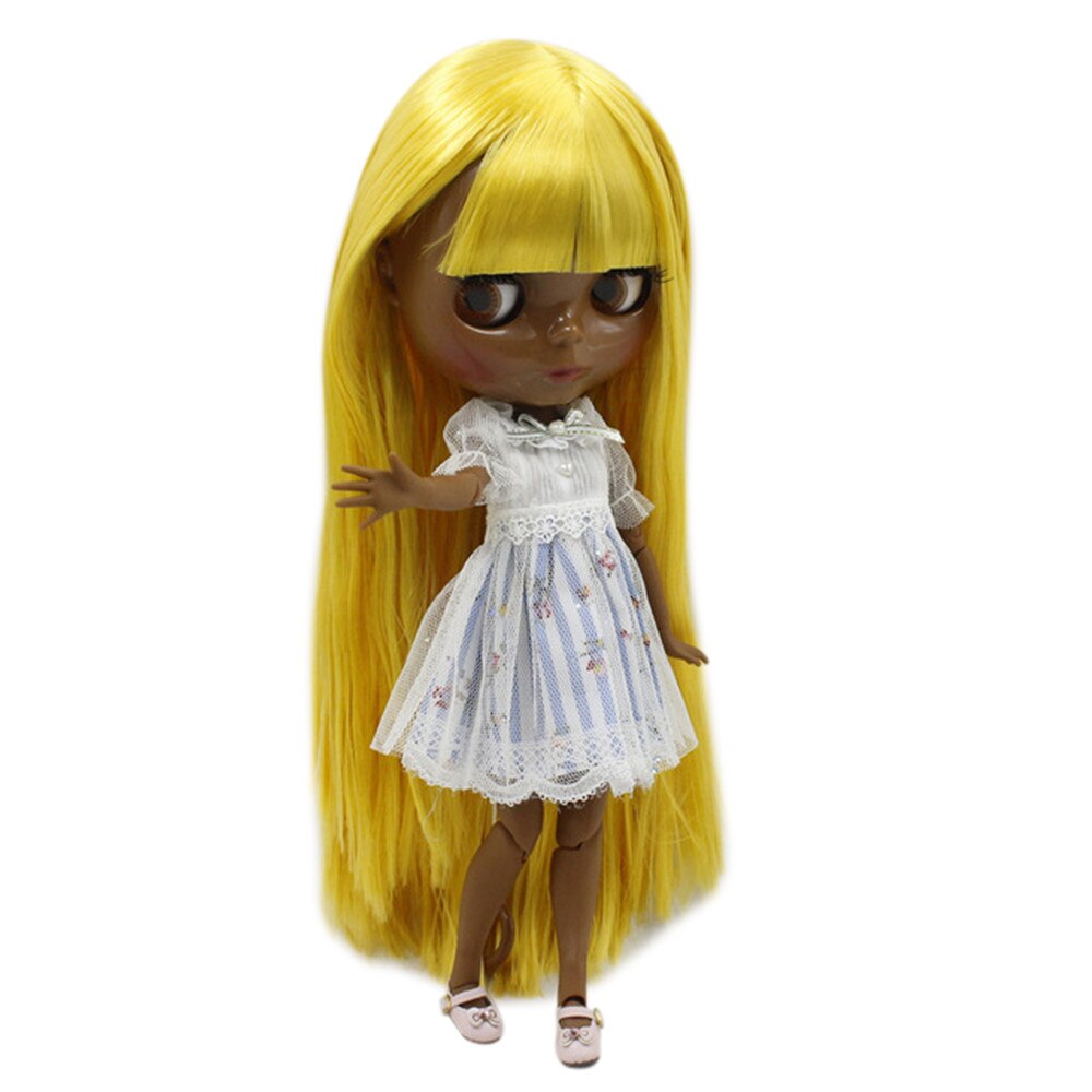 ICY DBS Blyth bjd dolls super black skin tone darkest skin black Lively yellow straight hair joint body 280BL0749  BX1310 Like a picture Official JT Merch