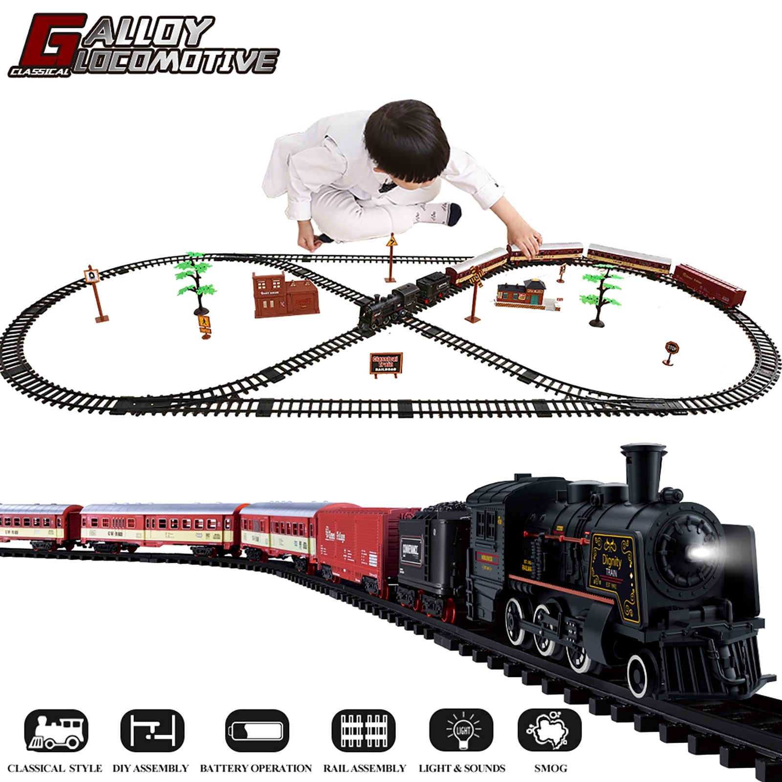 Electric Christmas Train Toy Set Car Railway Tracks Steam Locomotive Engine Diecast Model Educational Game Boy Toys for Children  BX1310 Black classic train Official JT Merch