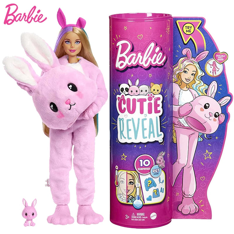 Barbie Cutie Reveal Dolls Pet Fashion with Animal Plush Costume Surprise Bunny Color Change Panda Joints Toys for Girls Dress Up  BX1310 panda Official JT Merch