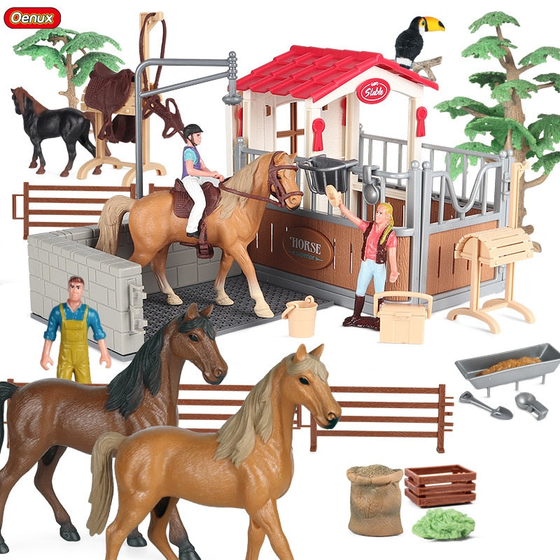 Oenux Farm Stable House Model Action Figures Emulational Horseman Horse Animals Playset Figurine Cute Educational Kids Toy Gift  BX1310 without box Official JT Merch