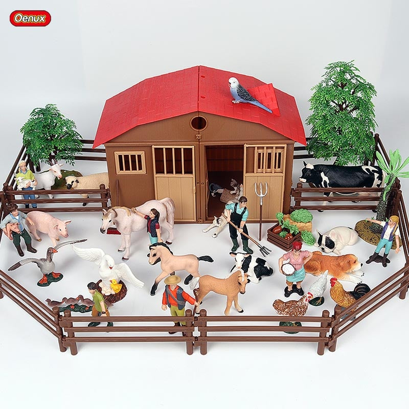 Oenux Zoo Farm House Model Action Figures Farmer Cow Hen Duck Poultry Animals Set Figurine Miniature Lovely Educational Kids Toy  BX1310 house 1 Official JT Merch